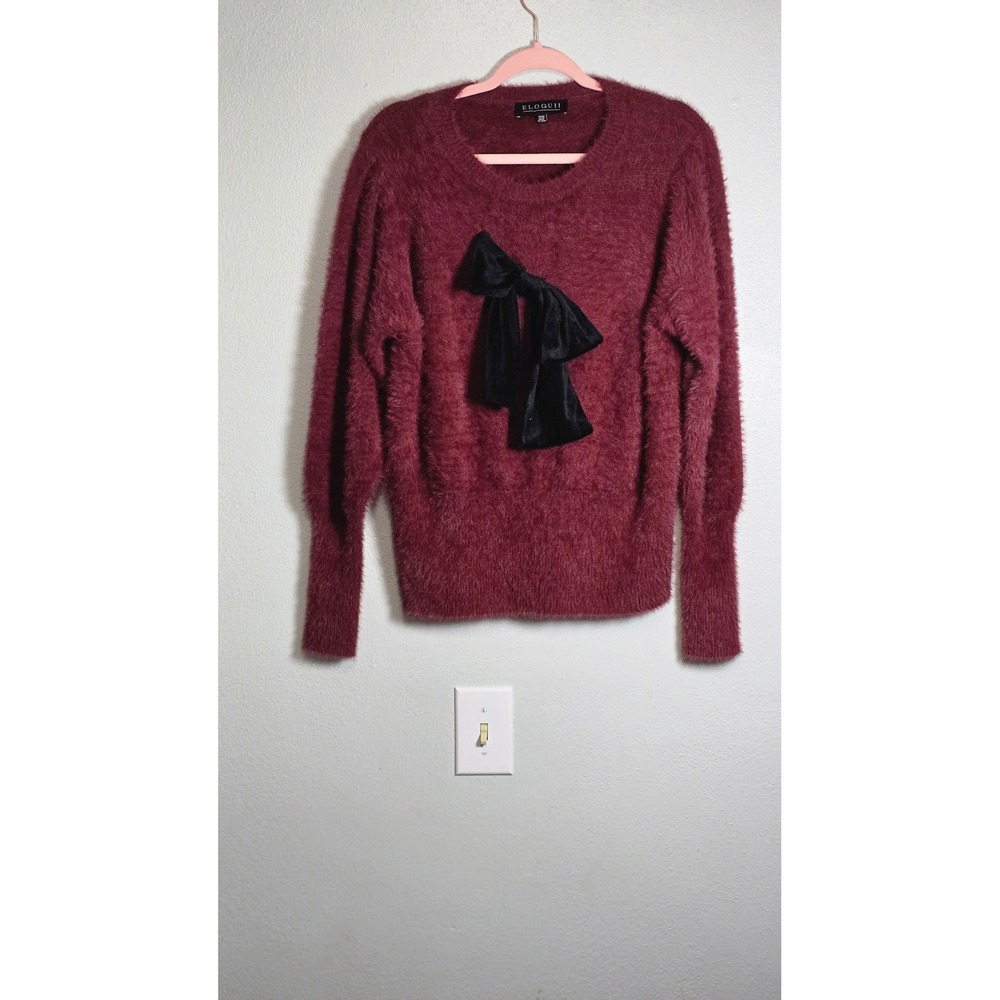 Eloquii Burgundy Fuzzy Eyelash Knit Sweater with Black Velvet Bow Size 22/24